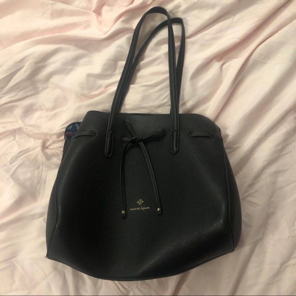 Nanette Lepore Black Top Handle Bag Interior Pocket Magnetic Closure Bow Medium